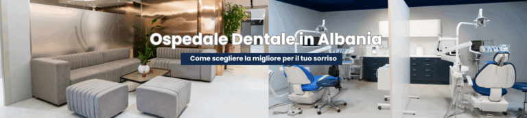 Visual concettuale con paziente italiano e ambienti clinici moderni, a rappresentare la scelta della migliore clinica dentale in Albania.