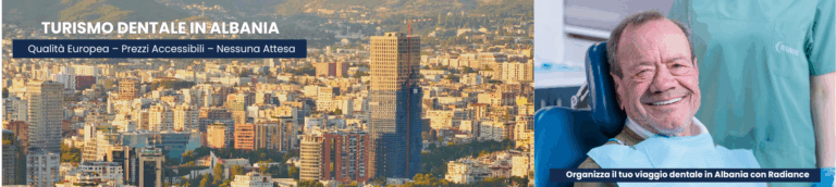 Panorama di Tirana e paziente italiano felice dopo trattamento dentale presso Radiance Dental Hospital