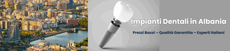 Immagine illustrativa di un impianto dentale con sfondo panoramico di Tirana, per promuovere i trattamenti odontoiatrici in Albania